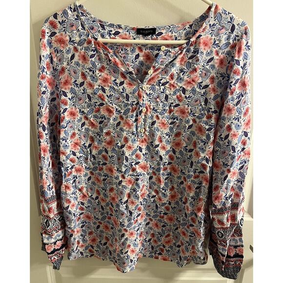 Talbots Blue Pink White Floral Tunic Peasant Light Blouse SIZE Medium Spring EUC - Picture 2 of 5